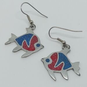 * 1991 Alia Mexico fish dangle earrings crushed stone inlay silver tone